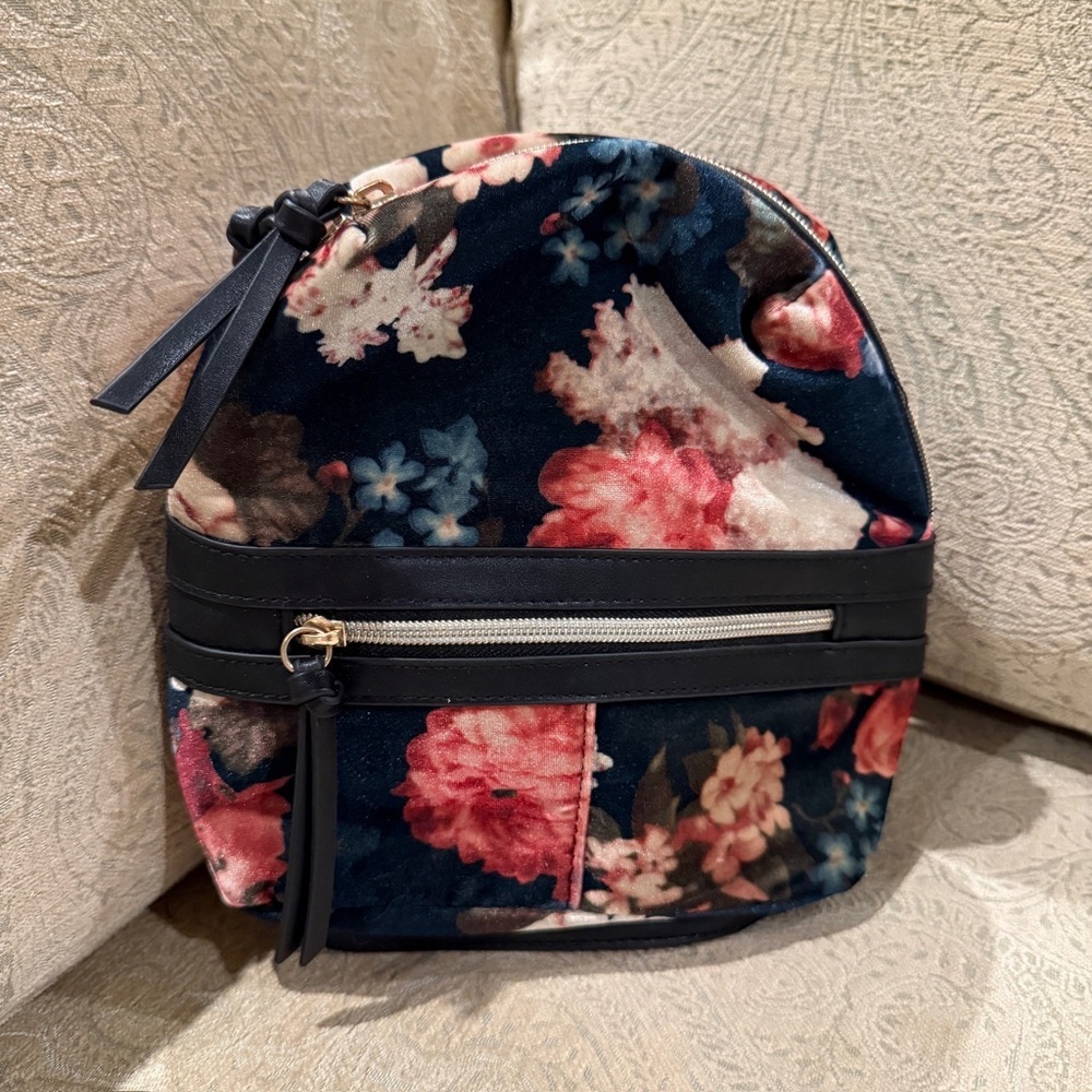 Floral Velvet Women's Mini Backpack with Black Accents